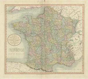 Antique Map of France Divided Into Departments with Original Hand Coloring, 1799