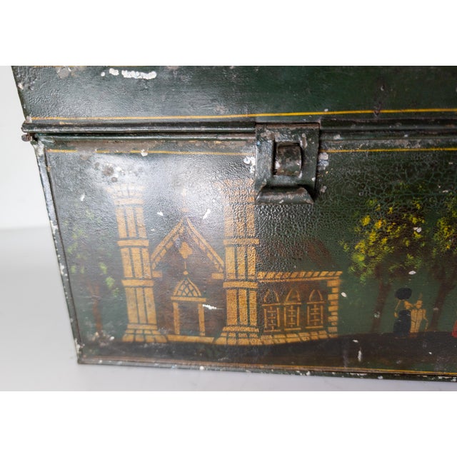 19th Century Folk Art Americana Primitive Toleware Document Box With Church and Figures For Sale In New York - Image 6 of 16