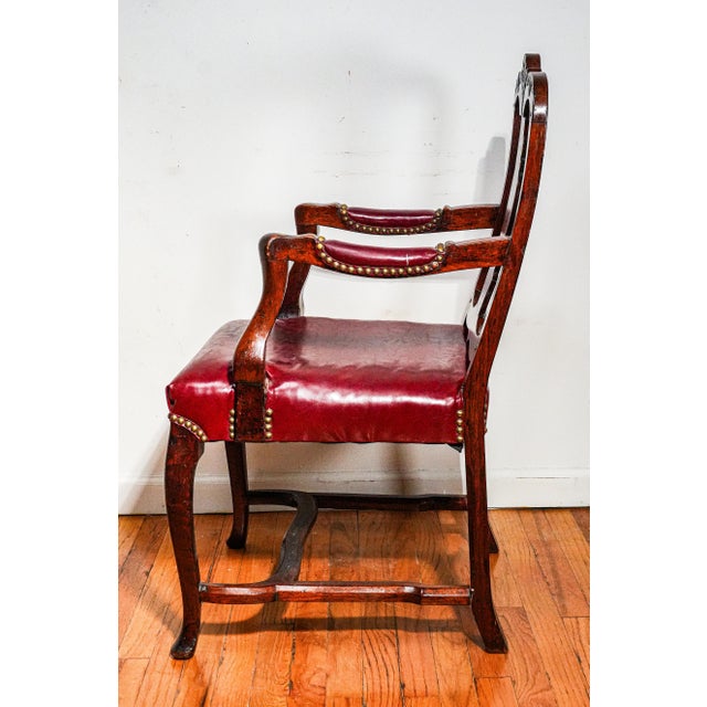 Beautiful English Antique Carved Wood Walnut Desk Arm Chair Leather Seat For Sale - Image 13 of 18