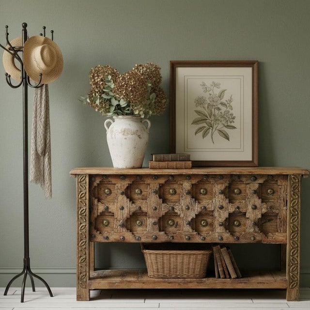 Antique Hand-Carved Door Console Table – Rustic Entryway Hall Table With Vintage Patina For Sale In Orlando - Image 6 of 6