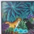 Haitian acrylic painting on canvas of stylized big cats in a lush jungle setting with fruit trees, palm trees, and...