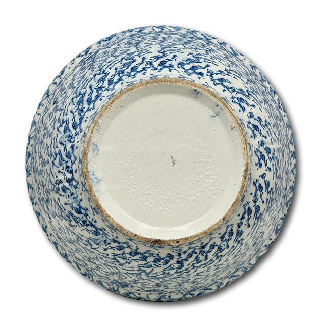 Best Large 13 Inch Antique American Blue Spongeware Decorated Stoneware Kitchen Mixing Bowl in Excellent Condition For Sale - Image 17 of 18