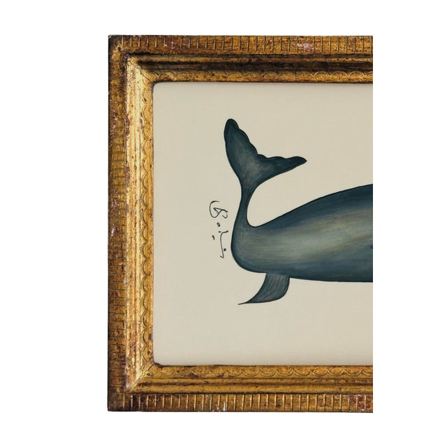 Nautical Original Hand-Painted Whimsical Baby Whale Painting in a Vintage Italian Gold Frame For Sale - Image 3 of 4