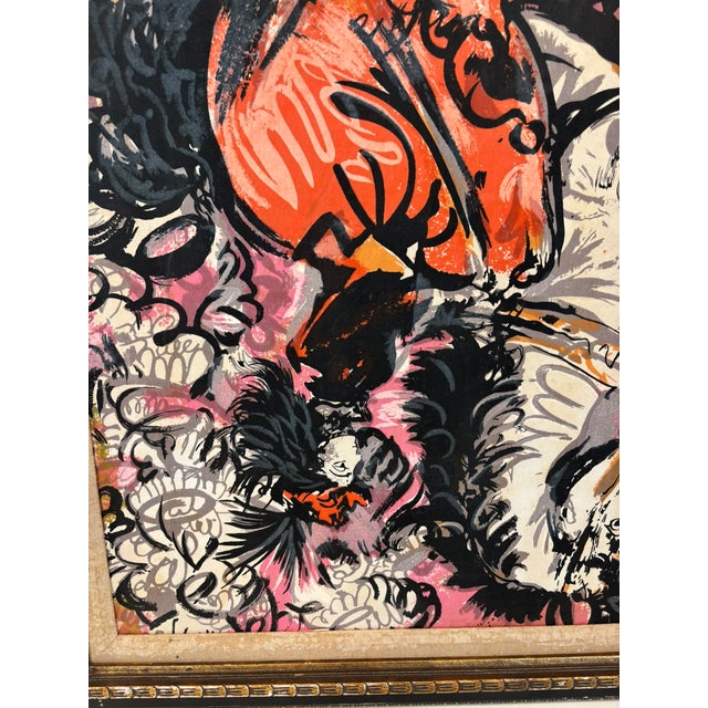 Wood Large Vintage Symmetrical Abstract Painting in Black, Pink & Orange With Gilded Frame For Sale - Image 7 of 12