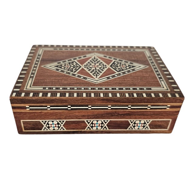Wood Moroccan Inlaid Marquetry Hardwood Box Ornate Khatam Style For Sale - Image 7 of 9