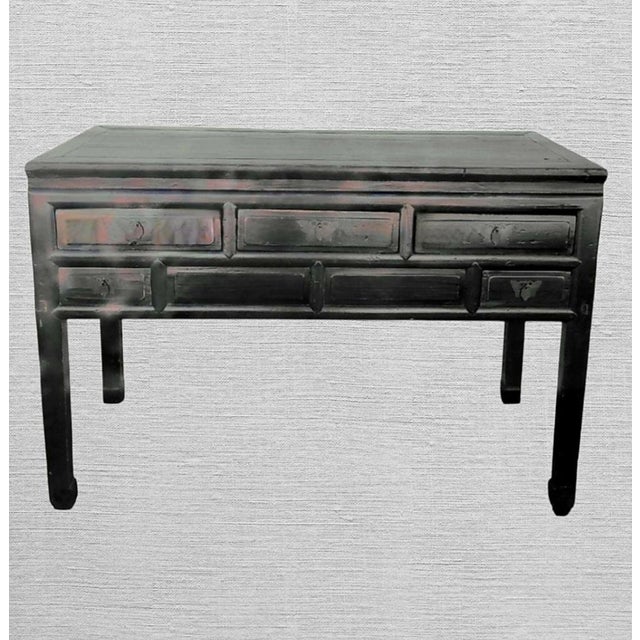 Baker Furniture Company Vintage Black Rustic 5 Drawer Butterfly Hardware Ming Style Leg Console Table For Sale - Image 4 of 11