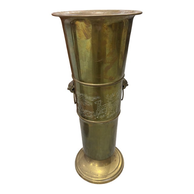 Vintage Solid Brass Umbrella Stand With Etched Deer & Cranes, Gargoyles For Sale