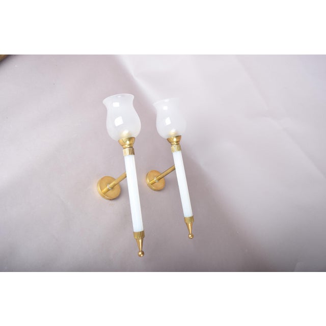 French Blue Opaline Glass and Brass Torch Wall Sconces with Glass Shades, 1950s, Set of 2 For Sale - Image 12 of 15