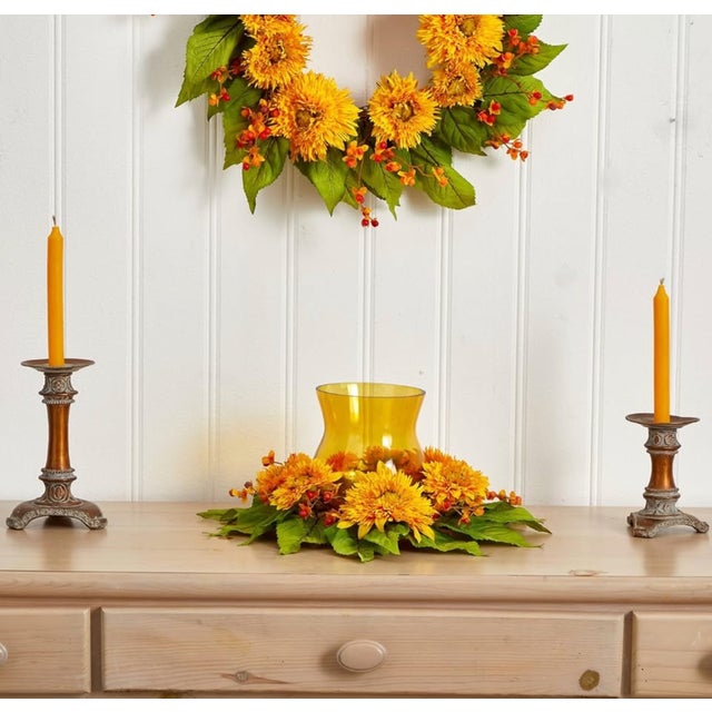 Natural Looking Beautiful Golden Sunflower Candle Holder Silk Flower Arrangement For Sale - Image 9 of 9