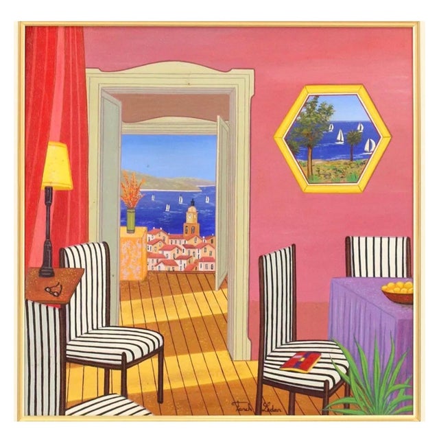 Fanch (Francois Ledan), Whimsical Naive Mediterranean Seaside Interior Folk Art Oil Painting Fanch Ledan, 2002 For Sale - Image 14 of 18