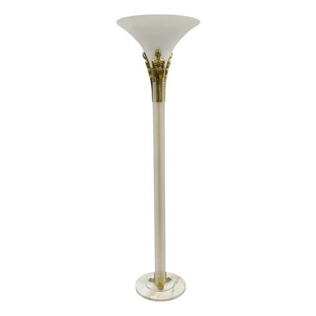 Vintage Postmodern Art Deco Figural Frosted Acrylic & Glass Torchiere Floor Lamp For Sale
