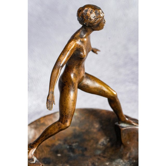 Bronze Art Deco Antique Bronze Artist Signed Nude Female Form Sculpture Statue Bowl Catchall Dish For Sale - Image 8 of 17