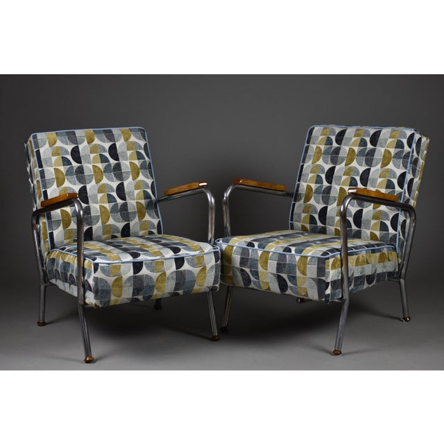 An original pair of Bauhaus-style armchairs produced in Poland in the late 1940s to early 1950s by the Wschód – Zadziele...