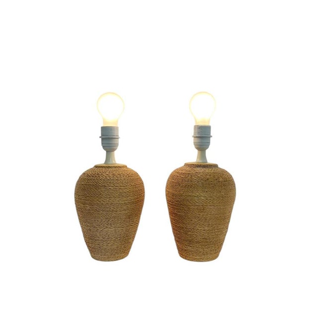 French Table Lamps in Sisal Rope and Ceramic, 1970s, Set of 2 For Sale - Image 4 of 10