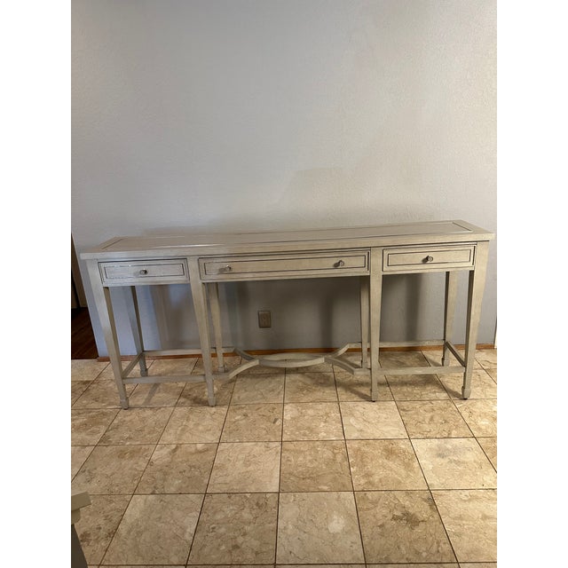 Contemporary Bernhardt Criteria 78” Heather Gray Ash & Stainless Steel Console Table For Sale - Image 3 of 17