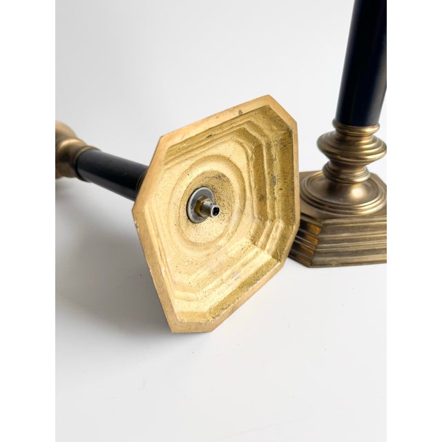 Black Vintage Brass Candlesticks With Black Columns – Pair For Sale - Image 8 of 8