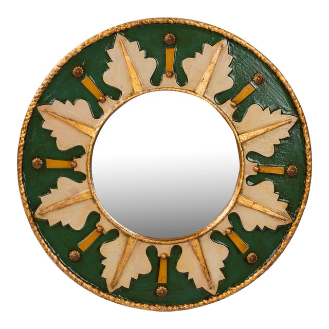 1950s Spanish Painted & Gold Gilt Wood Round Wall Mirror For Sale