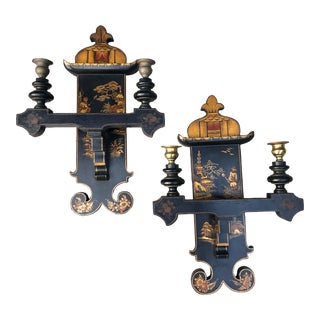Chinoiserie 2-Light Candle Sconces Decorated Carved Mahogany- Pair For Sale