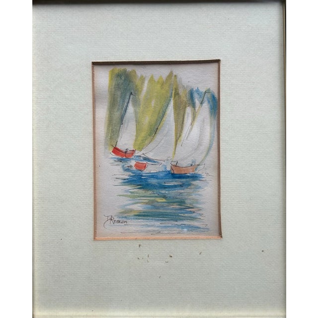 Impressionist Vintage Original Framed Watercolor of Sailboats For Sale - Image 3 of 5