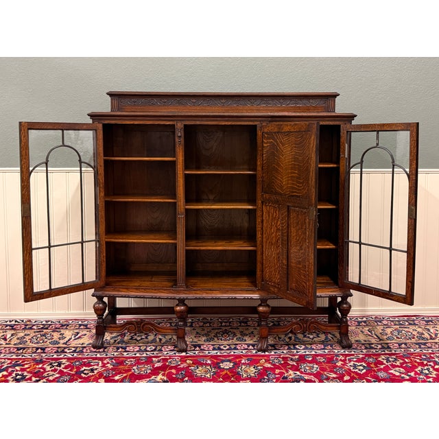 EXQUISITE Antique English Jacobean Oak Bookcase or Display Cabinet with Triple Doors ~~c. 1930s ~~PERFECT for your...