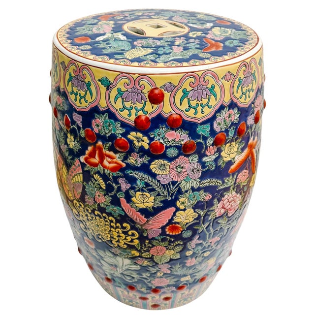 Mid 20th Century Mid 20th Century Chinese Famille Rose Cobalt Blue Millefleurs & Butterfly Porcelain Garden Stool For Sale - Image 5 of 10