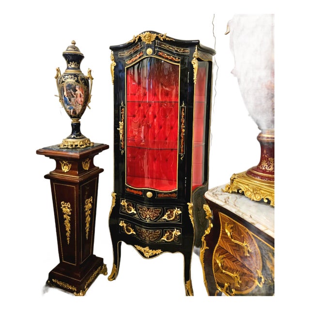 Louis XV Style Black Display Curio Cabinet With Red Velvet Interior & Gold Leaf Details For Sale