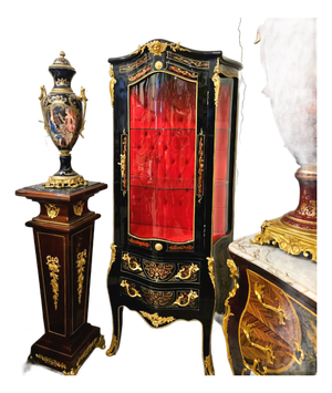 Louis XV Style Black Display Curio Cabinet With Red Velvet Interior & Gold Leaf Details
