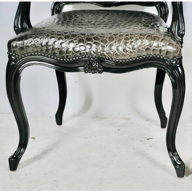Black Faux Crocodile & Glossy Black Louis XV Style Armchair For Sale - Image 4 of 8