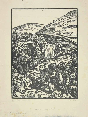 Paul Emile Colin, The Waterfall in Tivoli, Woodcut, 1930s