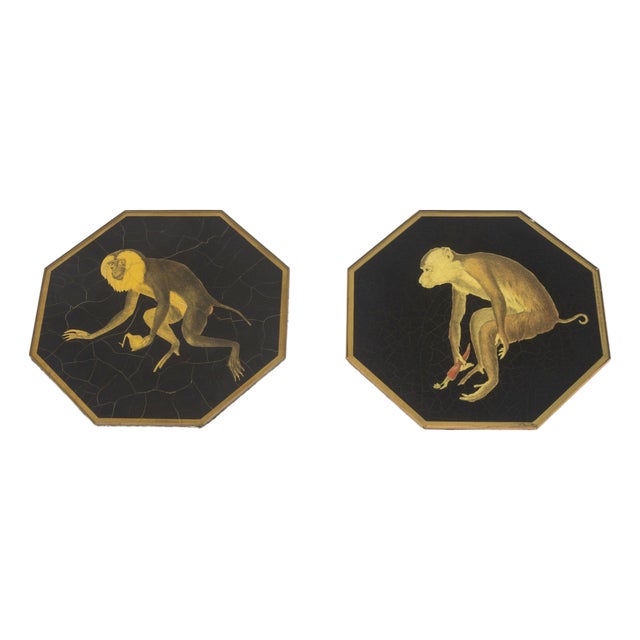Two Monkey Decoupage Reverse Painted Octagonal Glass Plates For Sale