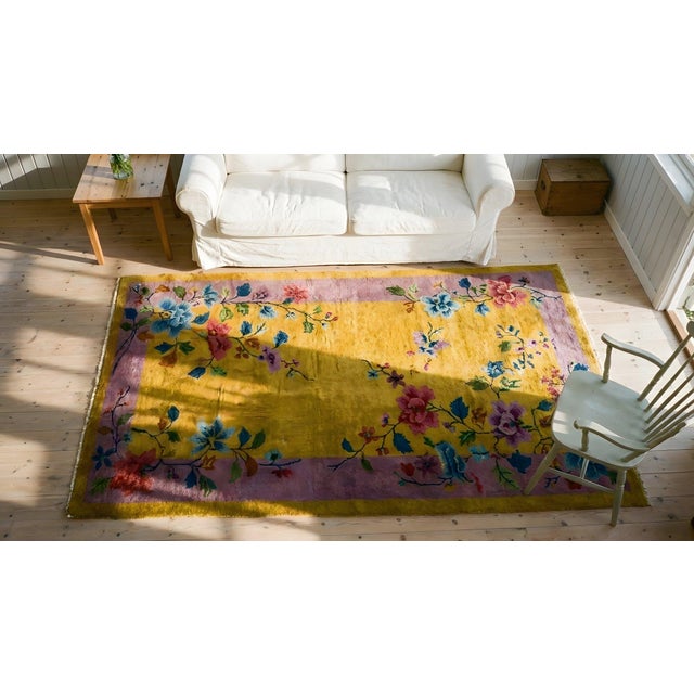1920s Yellow Purple Floral Antique Chinese Art Deco Carpet 3'1" X 5'10" Knotted Wool Rug For Sale - Image 13 of 14