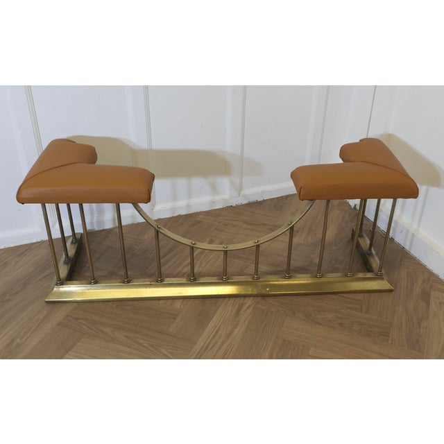 Leather Upholstered Brass Club Fender For Sale - Image 7 of 9