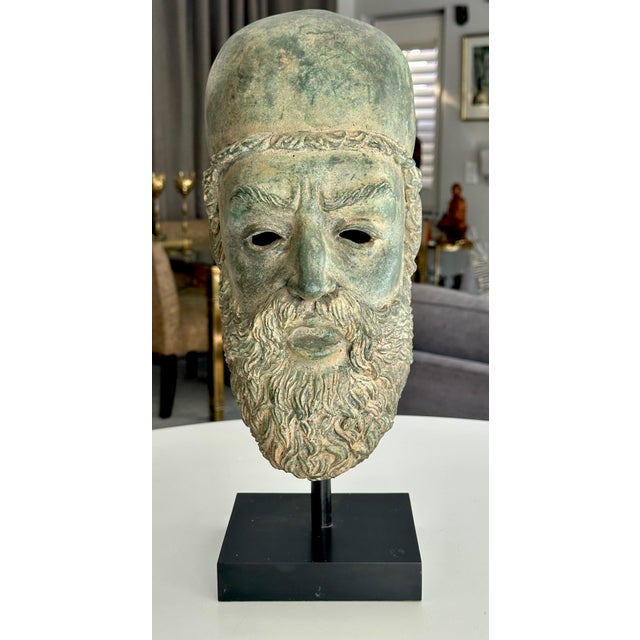 Vintage Grand Tour Style patinated bronze bust of a a Greek (or Roman) Scholar mount on a black lacquer wood stand.