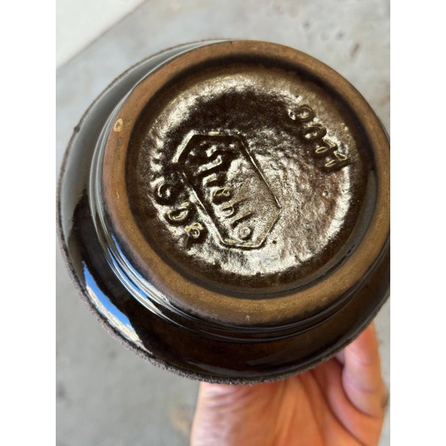 1960s Mid-Century Strehla Keramik Vase, East German Pottery, Textured Mustard & Blue Glaze 1960s For Sale - Image 5 of 6