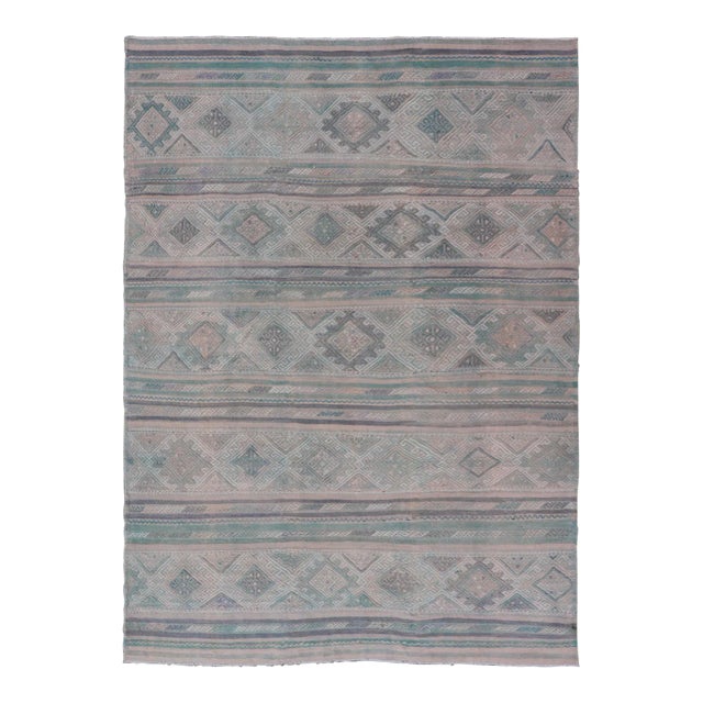 Mid 20th Century Turkish Vintage Kilim Flat-Weave With Embroideries Kilim in Pastel Color For Sale