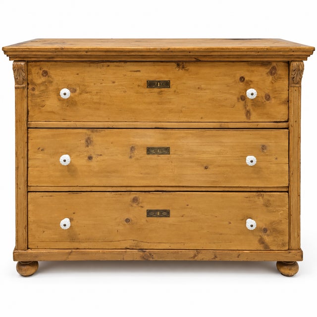 Camel 19th-C. Rustic English Country Style Pine Chest / Commode W / Porcelain Knobs For Sale - Image 8 of 8