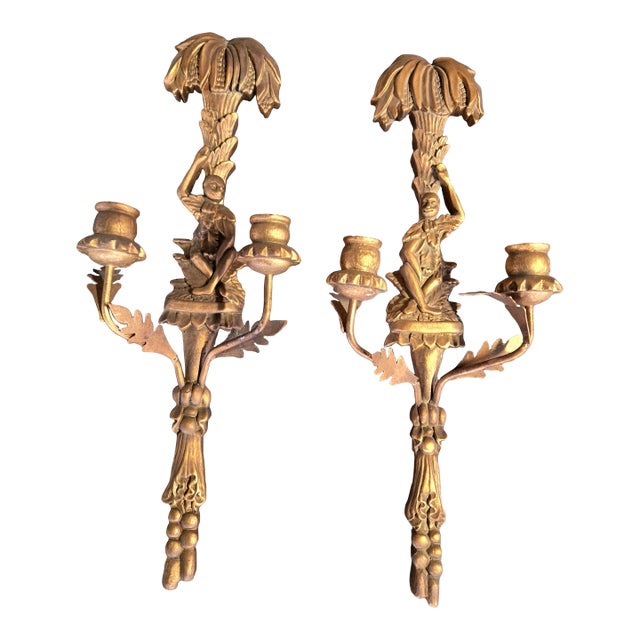 Mid 20th Century Italian Carved Wood Monkey & Palm Tree Sconces For Sale