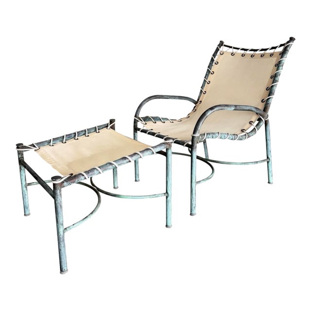 Early Mid Century Robert Lewis Attrbuted Patinated Bronze Patio Lounge Chair Ottoman Set, 2 Pieces For Sale