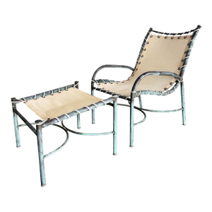 Early Mid Century Robert Lewis Attrbuted Patinated Bronze Patio Lounge Chair Ottoman Set, 2 Pieces