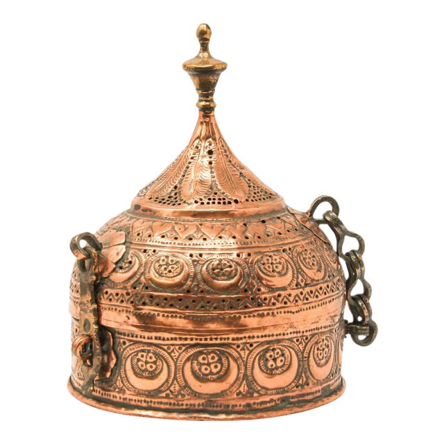 Antique Indian Copper Pandan Betel Box, Mughal Revival, Pierced Dome Lid For Sale