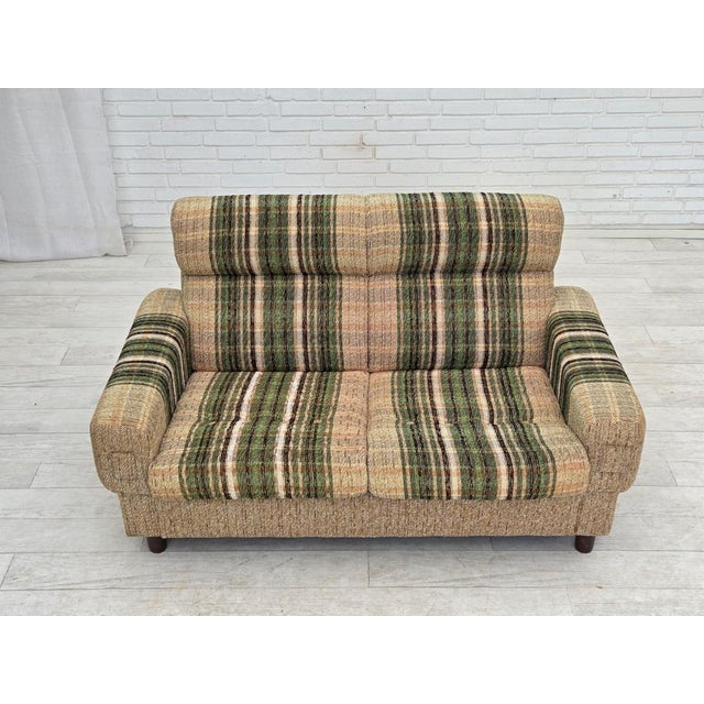 1980s, Danish 2-seater sofa by Nisbo Horsens. Striped lig brown/ green furniture wool, beech wood legs. Original good...