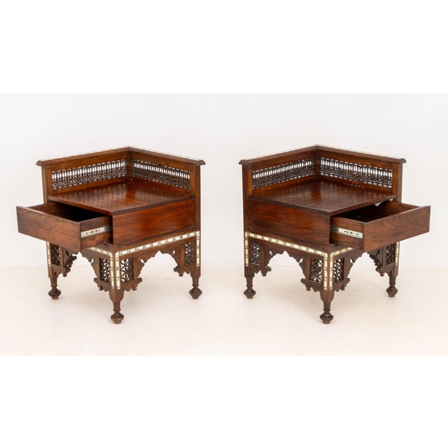 Early 20th Century Pair of Syrian Bone Inlay Walnut Corner Chairs For Sale - Image 5 of 8