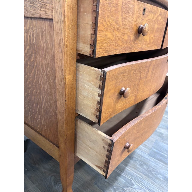 Brown Antique Victorian Quarter Sawn Tiger Oak Serpentine Dresser With Mirror For Sale - Image 8 of 11