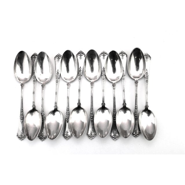 Set of 12 dessert spoons made of solid silver, 2 hallmarks, 624 grams of silver
