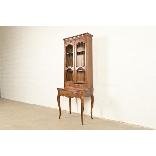 French Provincial Baker Furniture French Provincial Louis XV Carved Oak Secretary Desk With Bookcase Hutch, Circa 1960s For Sale - Image 3 of 17