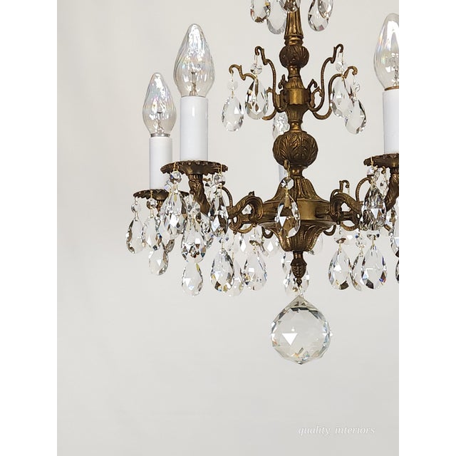 Metal Antique 5 Arm 5 Light Dark Patina Ornate Brass Cut Lead Glass Crystal Chandelier For Sale - Image 7 of 12