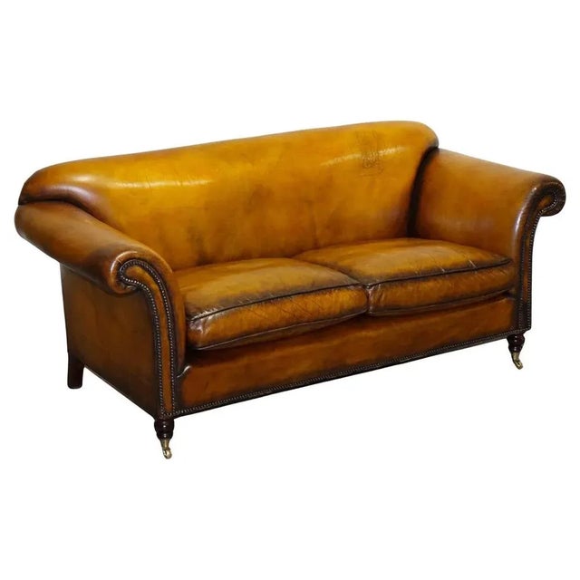 Victorian Hand Dyed Tan Brown Leather Sofa For Sale - Image 16 of 16