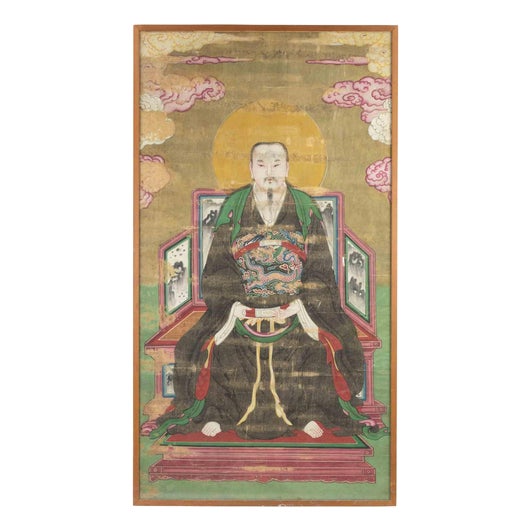 Unknown, Large Sino-Tibetan Portrait of a Seated Dignitary, Pigments & Ink on Cloth, 19th Century For Sale