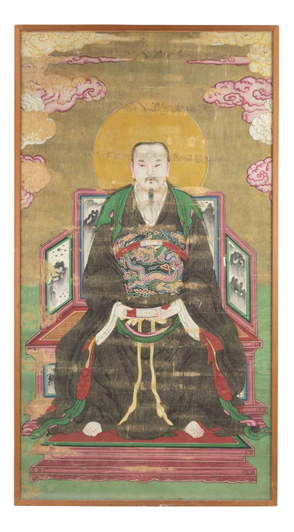 Unknown, Large Sino-Tibetan Portrait of a Seated Dignitary, Pigments & Ink on Cloth, 19th Century