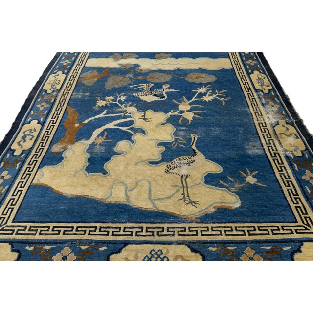 Antique Chinese Peking Art Deco Wool Rug in Indigo Blue and Cream, Circa 1920s For Sale - Image 11 of 12